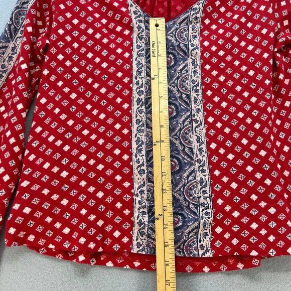 Lucky Brand Multicolored Patterned V Neck Long Sleeve Red Shirt Women’s Size S - Picture 10 of 13